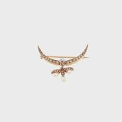 Antique Natural Diamond Pearl Crescent-Shaped Brooch with Seed Pearl Drop in 18ct Yellow Gold image