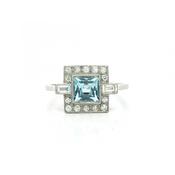 Princess Cut Aquamarine &amp; Natural Diamond Cluster Halo with Baguettes Dress Ring in Platinum
