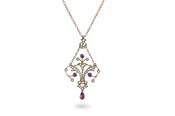 Victorian Pink Tourmaline &amp; Seed Pearl Pendant and Chain in 9ct Yellow Gold image
