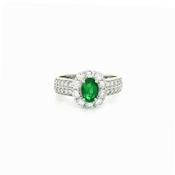 0.52ct Oval Emerald &amp; 0.76ct Natural Diamond Cluster Halo with Double Row Shank in 18ct White Gold