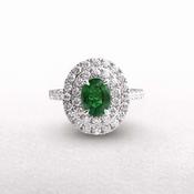 18ct White Gold Oval Emerald &amp; Natural Diamond Double Halo Ring image