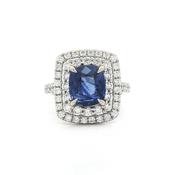2.77ct Sapphire &amp; Natural Diamond 1.14ct Cushion Cut Double Halo in 18ct White Gold