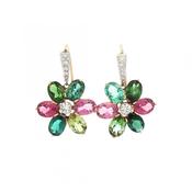 Pink and Green Tourmaline &amp; Natural Diamond Floral Cluster Drop Earrings in 18ct Yellow Gold image