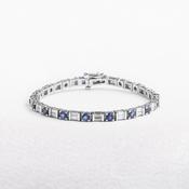 Platinum Baguette Cut Natural Diamond and Round Sapphire Line Bracelet image
