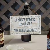 MANS HOME CASTLE PLAQUE WHITEWASHED WOOD WITH SCROLL BORDER