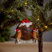 FESTIVE RESIN ROBINS WITH CHRISTMAS PUDDING HANGER