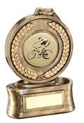 Bronze/Gold Medal And Ribbon With Cycling Insert Trophy image