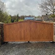 Aluminium swan neck arched double gate with oak woodgrain finish 