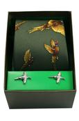 Green Flying Pheasants Silk Tie &amp; Cufflink Set image