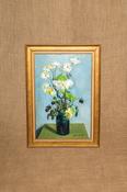 Jacqueline Fontaine: White Flowers in Black Vase (Oil on Paper)