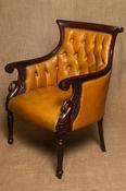 Dark Wood Armchair in Buttoned Faux Leather