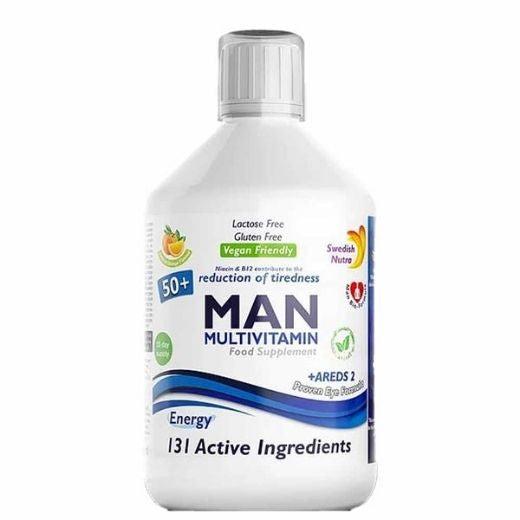 Swedish Nutra Man Active 50+ Multivitamin 500ml - 131 Active Ingredients, Gluten Free, Vegan Friendly