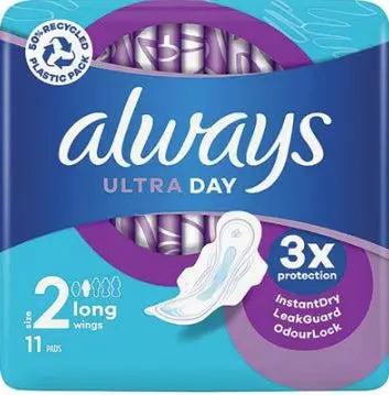 Always Ultra Size 2 Long Sanitary Pads with Wings 11 Pack - 3x protection, InstantDry, LeakGuard, OdourLock
