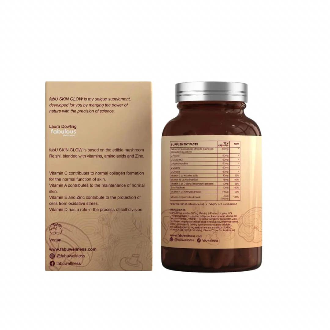 FabU Skin Glow Supplement with Reishi Mushroom, Vitamins, Amino Acids & Zinc - 60 Capsules