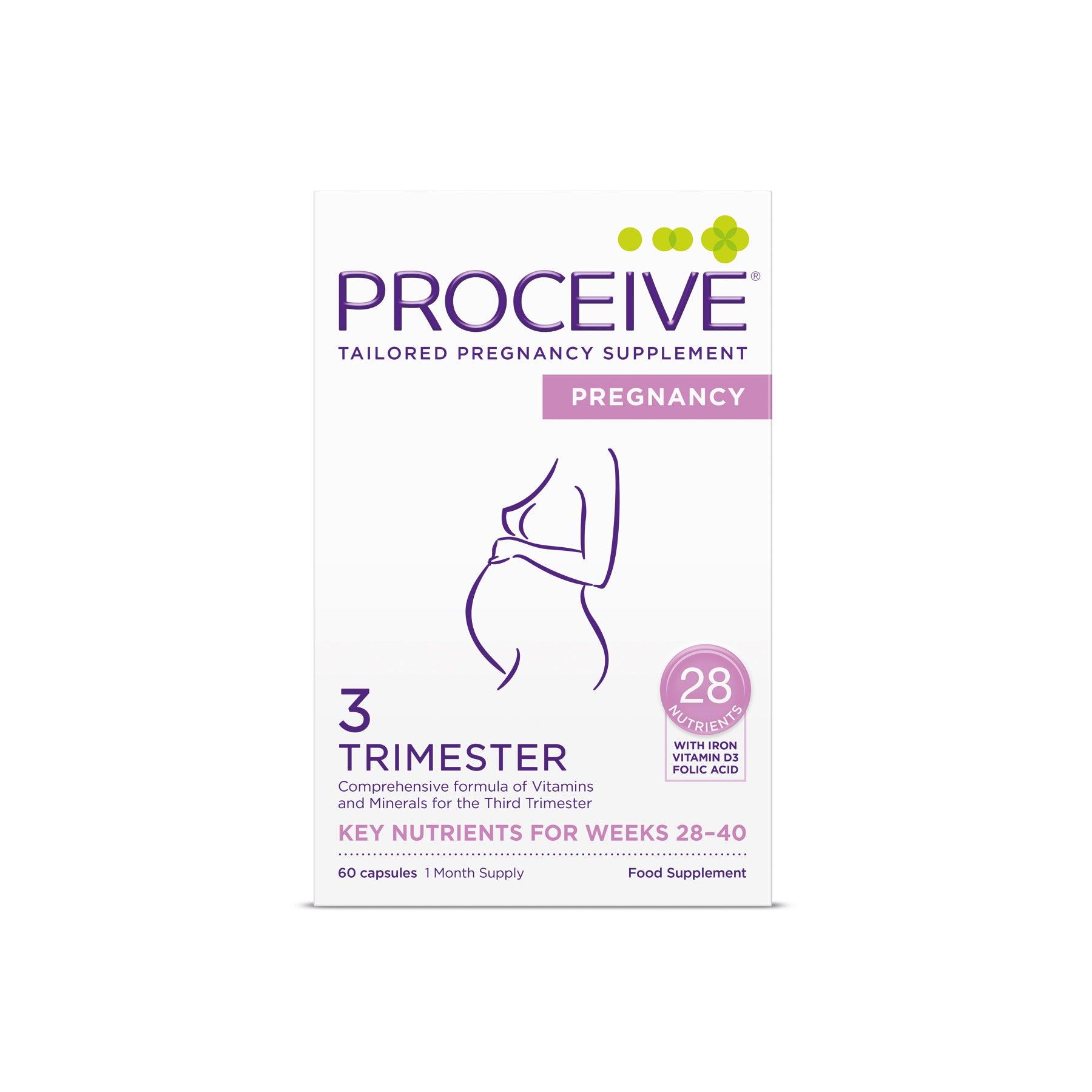 Proceive Pregnancy Trimester 3 - 60 Capsules | 28 Nutrients, Iron, Vitamin D3, Folic Acid | Supports Fertility