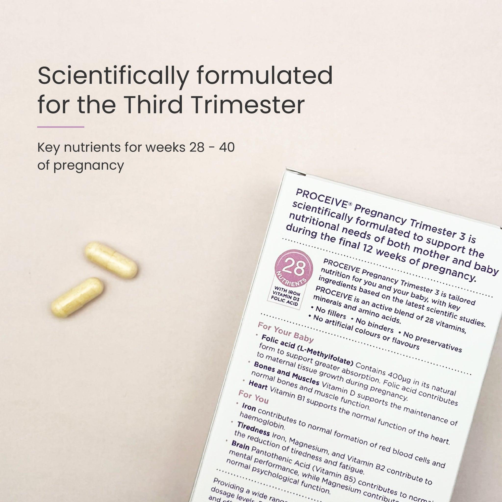 Proceive Pregnancy Trimester 3 - 60 Capsules | 28 Nutrients, Iron, Vitamin D3, Folic Acid | Supports Fertility