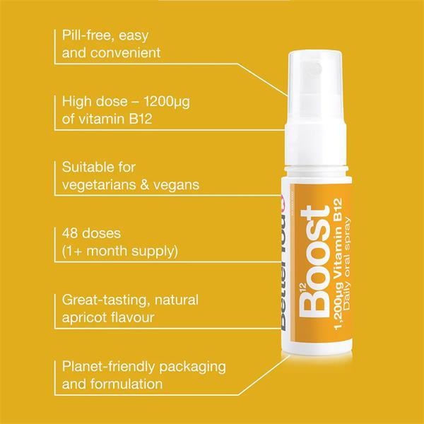 Better You B12 Boost Oral Spray 25ml - Energy Boost, 1,200µg Vitamin B12, Daily oral spray, Pill free, 48 doses