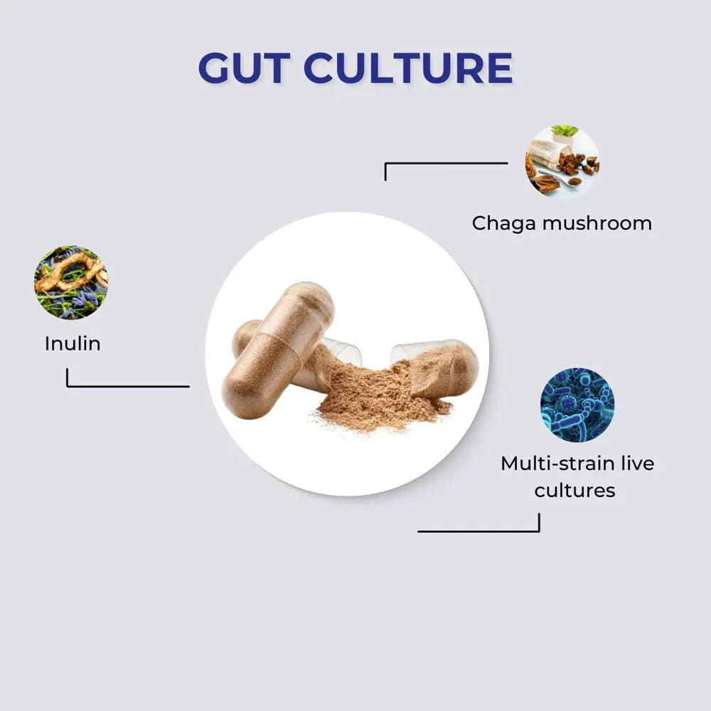 FabU Gut Culture 60 Capsules - Multi-strain Bacteria, Inulin & Chaga Mushrooms - 8 Billion Live Cultures