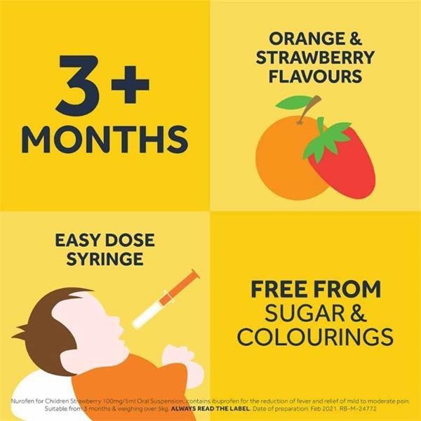 Nurofen Strawberry 200ml for Children 3+ months Fever & Pain Relief Sugar Free & Colour Free