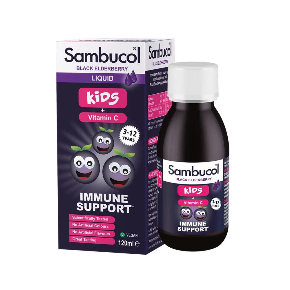 Sambucol Liquid For Kids with Vitamin C, Black Elderberry, 1-12 Years, 120ml, Helps Support the Immune System, Image Features: Vitamin C, 1-12 Years, Liquid, Black Elderberry