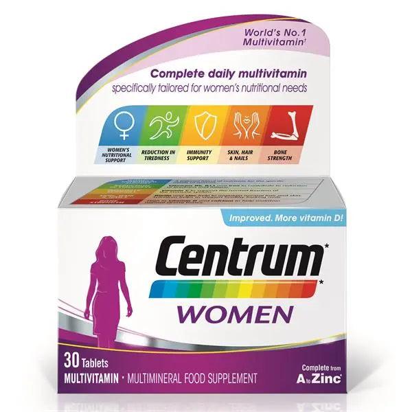 Centrum Women Multivitamin 30 Tablets - Complete daily multivitamin for women's nutritional needs. Supports immunity, hair, skin & nails. Contains Vitamin D. 