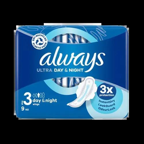 Always Ultra Day & Night Sanitary Pads with Wings, Size 3, 9 Pads, 3x Protection, InstantDry, LeakGuard, OdourLock
