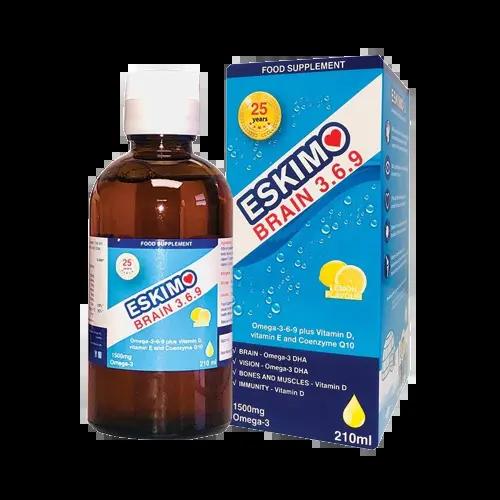 Eskimo Brain Omega 3-6-9 Fish Oil Supplement 210ml with Vitamin D, E, CoQ10 & Lemon Flavour