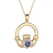 14K Yellow Gold Diamond &amp; Gem Set Claddagh Pendant, Choose Ruby or Sapphire - Sapphire