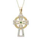 14K Gold Diamond &amp; Emerald Celtic Cross Pendant &amp; Necklace image