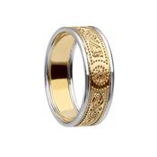 Unisex Narrow Celtic Warrior Shield Wedding Band - 14k-yellow-gold-with-white-gold-rail /  image