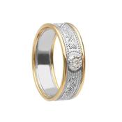 Ladies Celtic Warrior Diamond Shield Ring with Rims, Medium Width - 10k-white-gold-with-yellow-gold-rail /  image