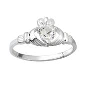 Ladies Silver Claddagh Ring with Clear CZ Heart Stone - 