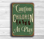 Caution Children At Play Sign – Vintage Metal Garden Sign, Fade Resistant UV Print, Durable Weatherproof Aluminum Composite, Indoor Outdoor Use image