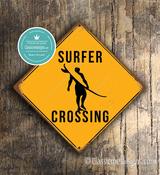 Surfer Crossing Sign – Yellow Xing Signs, Surf Decor, UV Protected Color Print, Indoor Outdoor Use, Pre-Drilled Holes for Easy Mounting image