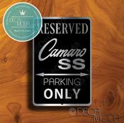 Camaro SS Parking Only Sign – Brushed Metal Finish, Indoor Outdoor Ready, Brand Logo Artwork, Unique Garage Wall Decor image