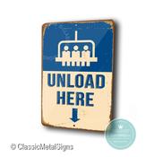 Unload Here Signs – Vintage Ski Resort Wall Sign, Full Color UV Protected Print, Durable Weatherproof Aluminum Composite, Indoor Outdoor Ready image
