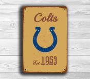 Indianapolis Colts Sign - Horseshoe Logo Vintage Design, Polished Steel Look, Blue &amp; White Established Marker, Minimalist Home Office Accessory - 36-x-24-inches