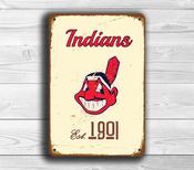 Cleveland Indians Sign - Historic Ohio Diamond Design, Polished Steel Look, Red &amp; Blue Established Marker, Minimalist Home Office Accessory - 14-x-10