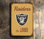 Oakland Raiders Sign - Silver and Black Shield Logo, Pirate Theme Gridiron Art, Gritty Industrial Vibe, Permanent Heavy Duty Aluminum Mounting - 14-x-10