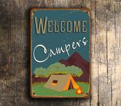 Camping Signs - Welcome Campers – Vintage Outdoor Garden Sign, Full Color UV Protected Print, Durable Weatherproof Aluminum Composite - 9-x-6