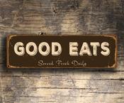 Good Eats Sign - Restaurant Signs – Vintage Style, Fade Resistant UV Print, All-Weather Aluminum Composite, Pre-Drilled Mounting Holes – Unique Gift - 36-x-12-inches