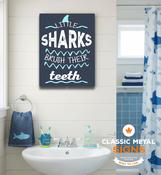 Little Sharks Bathroom Sign | Fun Kids Bathroom Wall Decor | Durable Metal Ocean Themed Plaque | Weatherproof Children’S Restroom Sign - 9-x-6