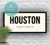 Houston Coordinates Sign – Houston City Souvenir, Durable Aluminum Composite finish with UV Protected Print, Easy Install - 16 x 8 inches
