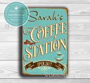 PERSONALIZED Coffee Station Sign – Vintage Style, Fade Resistant UV Print, All-Weather Aluminum Composite, Pre-Drilled Mounting Holes - 20-x-14-inches