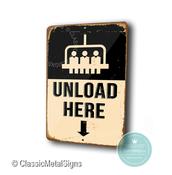 Unload Here Ski Sign – Vintage Mountain Ski Sign, UV Protected Full Color Print, Durable Weatherproof Aluminum Composite, Indoor Outdoor Use - 14-x-10 image