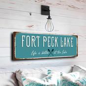 Fort Peck Lake Sign - Missouri River Badlands Theme, Enduring Metal Quality, Hunter and Fisherman Lounge Signage - 12-x-4-inches