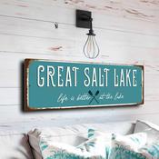 Great Salt Lake Sign - Utah Landmark Wall Decor, Distinctive Saline Basin Map Style, Artisan Crafted Garage Accent - 24-x-8-inches