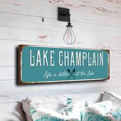 Lake Champlain Sign - New England Border Waters Art, Historic Nautical Vibe, Perfect Basement Bar Decoration - 20-x-6-inches
