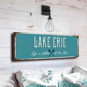 Lake Erie Sign - Great Lakes Region Nautical Map, Timeless Anchor Imagery, Sophisticated Coastal Living Room Accent - 12-x-4-inches
