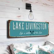 Lake Livingston Sign - Texas Piney Woods Commemorative, Natural Wood Grain Effect, Sturdy Aluminum Base - 12-x-4-inches